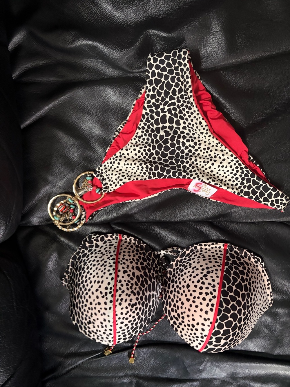 Beach Bunny Black and Cream Animal Print Bikini with Red Trim